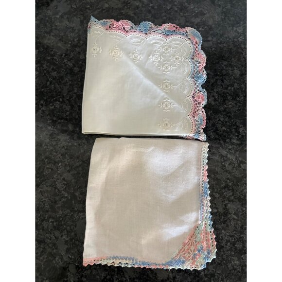 2 Vintage Embroidered Linen Handkerchiefs With Pink & Blue Crochet Lace Edging - Picture 1 of 8